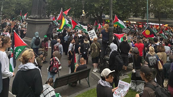 Melbourne protesters finish their march at the State Library of Victoria.