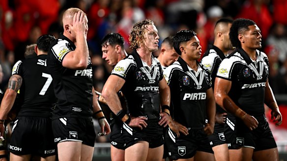 The Kiwis look on during their one-point loss to Tonga.