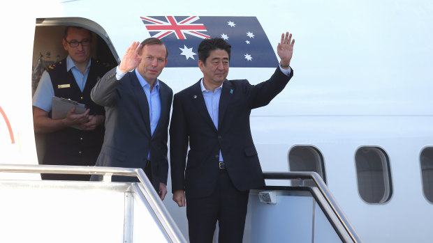 Former prime minister Tony Abbott and former Japanese prime minister Shinzo Abe in 2014.