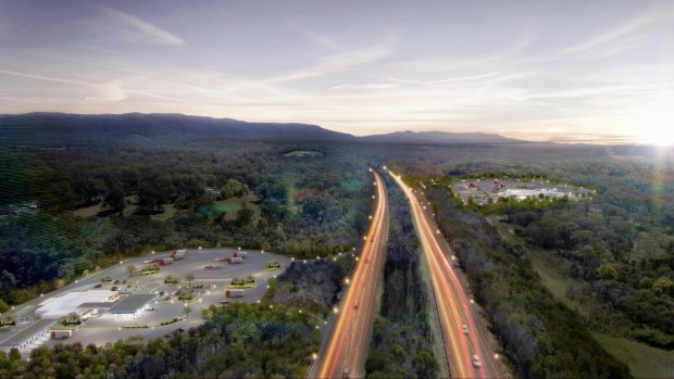 Artist's impression of two freehold land parcels, in Cooranbong and  Dora Creek, on the M1 Pacific Motorway between Sydney and Newcastle that will be converted into twin service centres.