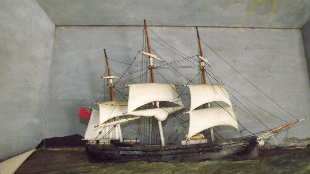 A model of the Emigrant, made by sailor James Hall and passed down through his family. The ship was the second government-assisted immigrant vessel to come directly from the UK to Moreton Bay. 