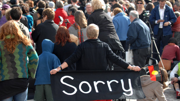 Thousands of people gathered in Federation Square in February 2008 to watch Prime Minister Kevin Rudd's apology to the Stolen Generations.