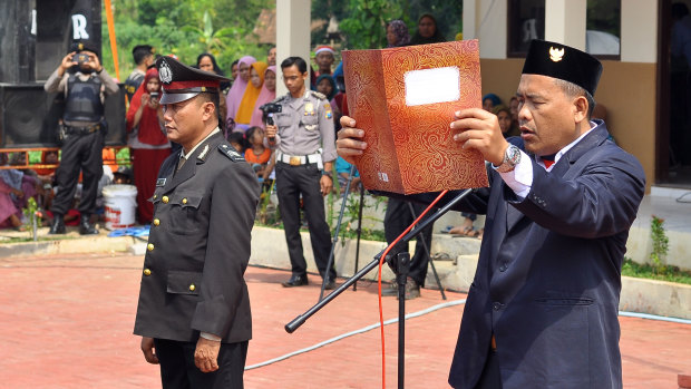 Ali Fauzi speaks at a Indonesian independence day ceremony in Lamongan, East Java in 2017.