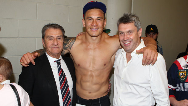 Nick Politis and David Gyngell with Sonny Bill Williams after the 2013 premiership triumph.