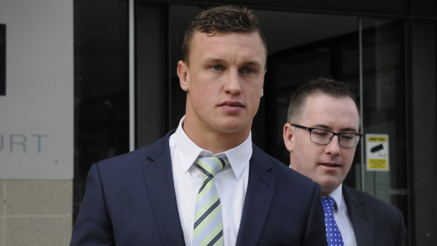 Raiders fullback Jack Wighton leaves the ACT Magistrates Court on Thursday after pleading guilty to a series of offences following a night in Civic.