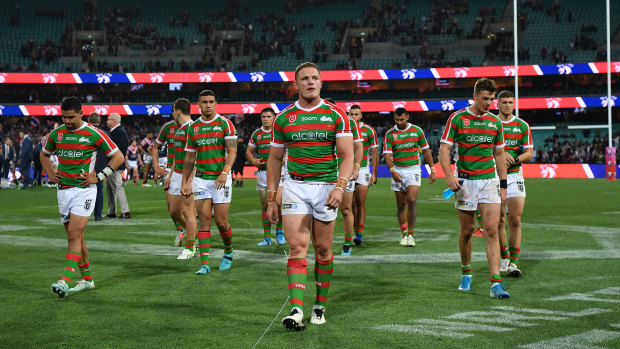 The Rabbitohs leave the SCG after their loss to the Roosters.