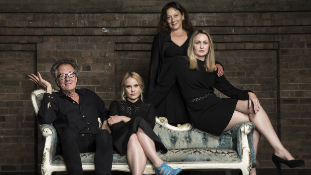 Geoffrey Rush and Eryn Jean Norvill, with fellow cast members Helen Buday, standing, and Helen Thomson, right, at the Sydney Theatre Company ahead of the King Lear production.