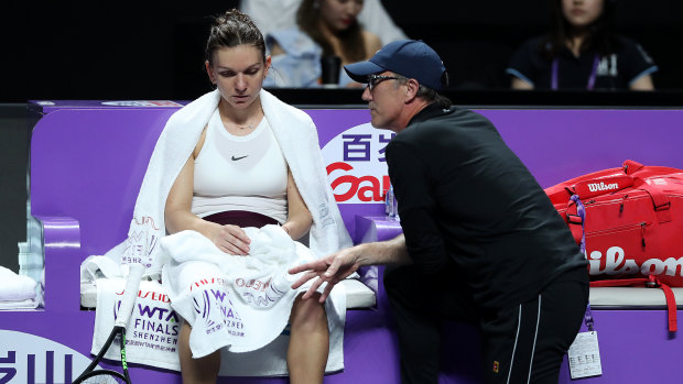 Darren Cahill advises Simona Halep at the 2019 WTA Finals in Shenzhen, China.