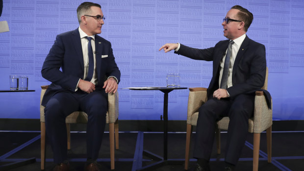 Virgin chief executive Paul Scurrah and Qantas CEO Alan Joyce. A new form of airline competition is emerging between Virgin and Qantas: a battle of the balance sheets.