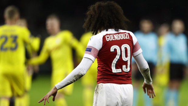 Arsenal's Matteo Guendouzi reacts after the loss in the Europa League.