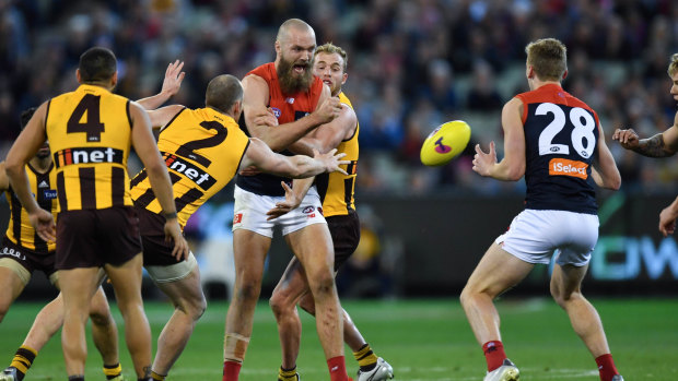 Max Gawn gets the ball free against Hawthorn in their semi-final victory on Friday night.