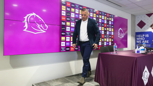 Anthony Seibold leaves after confirming he had stepped down as Broncos coach.