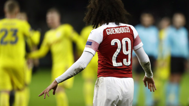 Arsenal's Matteo Guendouzi reacts after the loss in the Europa League.
