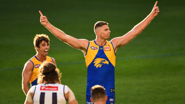 Nathan Vardy of the Eagles celebrates a goal during the derby against the Dockers.