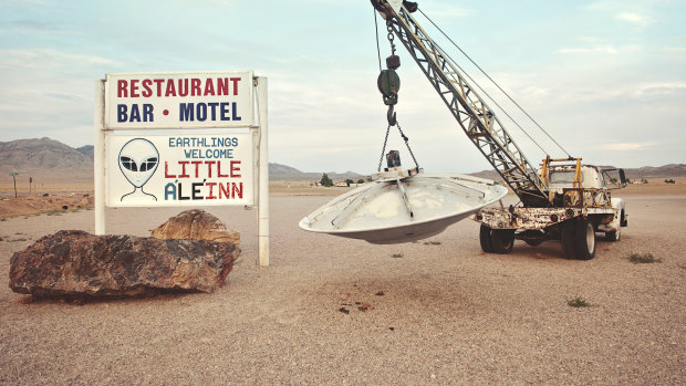 A motel is advertised near Area 51 on the Extraterrestrial Highway. 