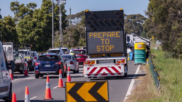 Traffic at the Lang Lang checkpoint at 9.30am Monday. 