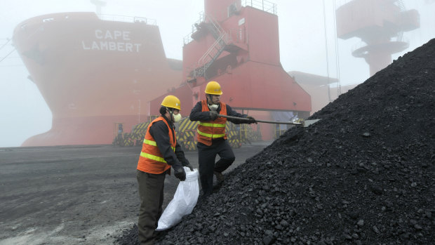 High quality: Chinese workers taking samples of imported Australian coal at a port in Rizhao.