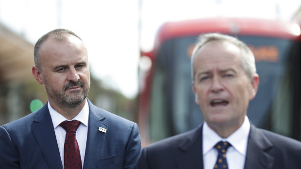 ACT Chief Minister Andrew Barr and Opposition Leader Bill Shorten at the Alinga Street light rail terminal on Tuesday. 