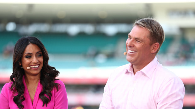 Isa Guha and Shane Warne at the 2019 Test series.