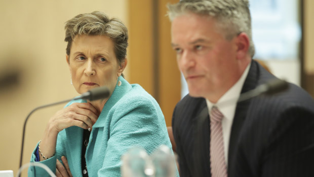 Finance Department head Rosemary Huxtable with her minister Mathias Cormann during estimates last month.