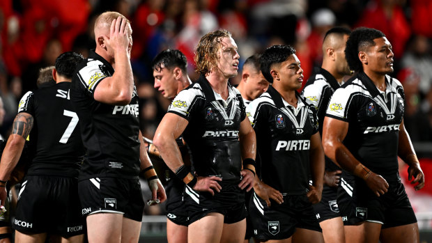 The Kiwis look on during their one-point loss to Tonga.