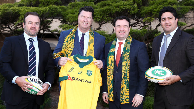 SANZAAR CEO Andy Marinos, Rugby Australia chairman Hamish McLennan, NSW Minister Stuart Ayres and former Wallaby Morgan Turinui at a Rugby Championship fixtures announcement. 