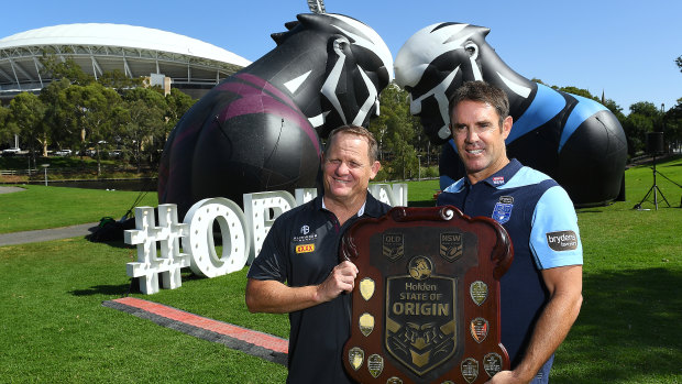 Maroons coach Kevin Walters and Blues coach Brad Fittler launch this year's State of Origin series at the Adelaide Oval.