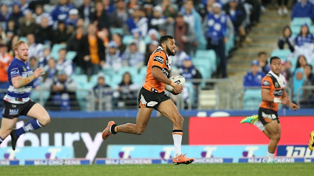 A runaway Josh Addo-Carr during his debut season with the Wests Tigers.