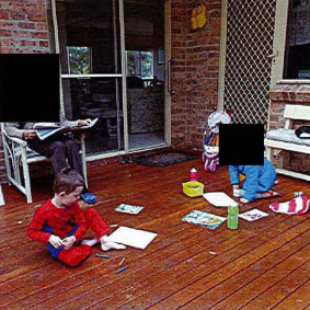 The five photos show William and another child sitting on a veranda drawing. 