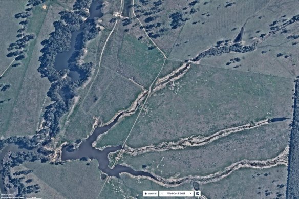 An aerial shot of Station Creek and tributaries at Tea Gardens after the unauthorised work and dams were built. 