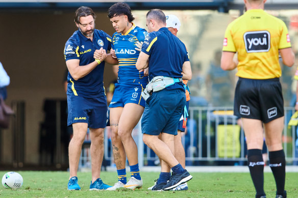 Eels forward Haze Dunster limps from the field.