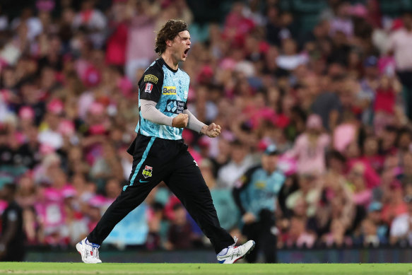 Mitch Swepson celebrates after taking the wicket of Jordan Silk. 