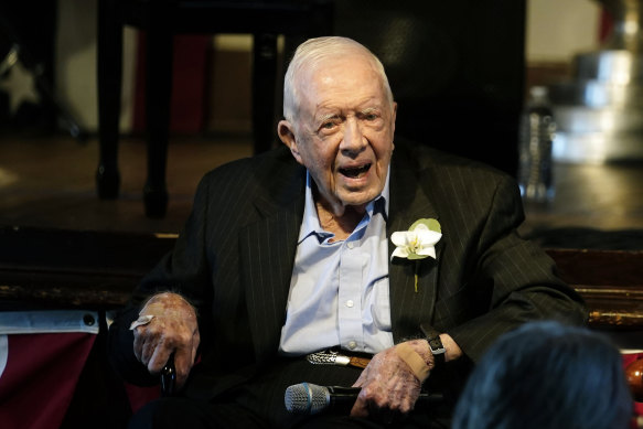 Former US president Jimmy Carter during a 2021 reception for the 75th anniversary of his wedding to Rosalynn.