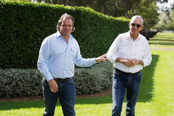 Coolmore Australia boss Tom Magnier and Winx co-owner Peter Tighe at the Coolmore yearling barn.