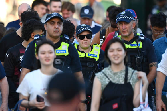 Police patrol outside AAMI Park on Saturday.