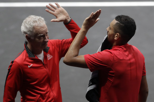 American great John McEnroe with Nick Kyrgios at last year's Laver Cup.