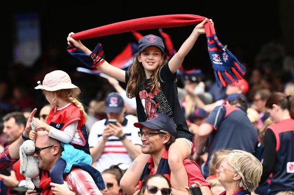 Demons fans watch a replay of the grand final at the MCG.