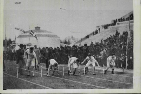 The start of the 100 metres final at Athens in 1896. The competitor second from the left, T.E. Burke (USA), who adopted the crouch, was the winner.