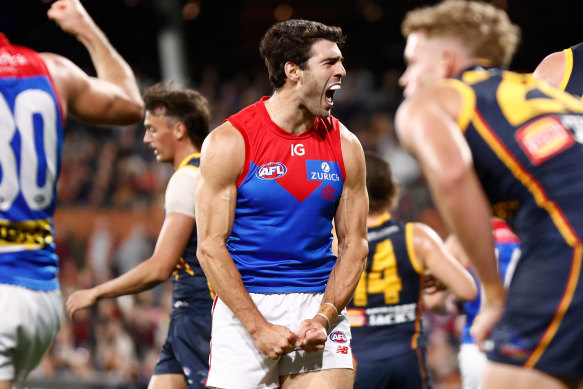 Winning with feeling: Melbourne’s Christian Petracca celebrates a goal against Adelaide.