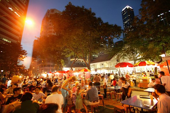 Outdoor dining at Lau Pa Sat Hawker Centre.