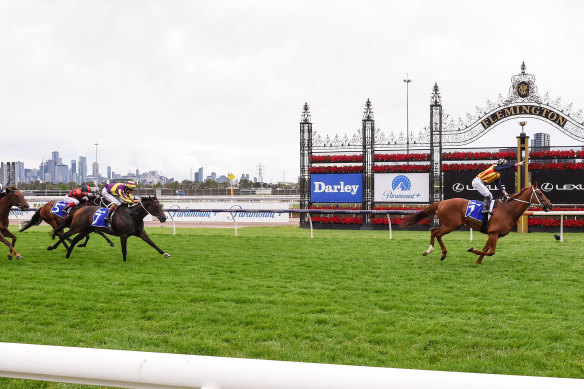 Nature Strip races to victory in the Darley Sprint Classic on Saturday.
