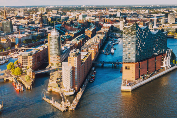 HafenCity and Hamburg’s waterways from the air.