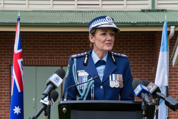 Karen Webb is sworn in as NSW’s first female Commissioner of Police at the school she attended in Boorowa. 