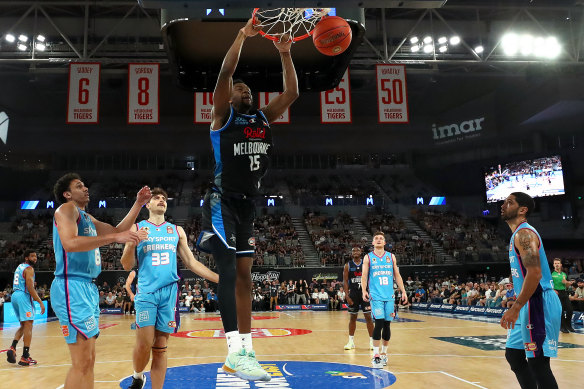 Ariel Hukporti flies high for Melbourne United.