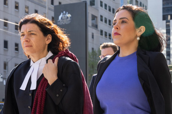 Moira Deeming (right) and her barrister, Sue Chrysanthou, arriving for the high-profile defamation case on Wednesday.