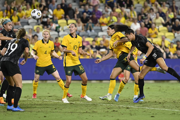 Sam Kerr heads in the winning goal against New Zealand on Friday night.