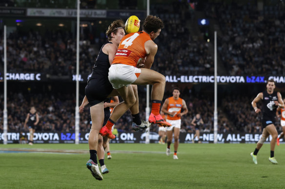 Toby Greene’s bump on Carlton’s Jordan Boyd.