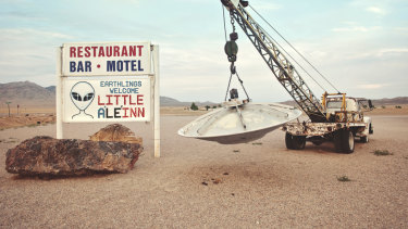 Welcome sign to Little A'Le'Inn, motel located near Area 51 on on the Extraterrestrial Highway. 