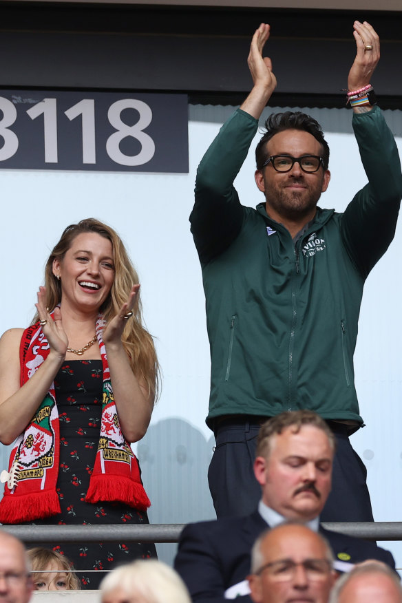Reynolds and wife Blake Lively cheer on Wrexham in the FA Trophy final at Wembley in May. The team lost 1-0 to Bromley.