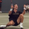 Rafter celebrates his 6-3, 6-2, 4-6, 7-5 win over Great Britain’s Greg Rusedski.